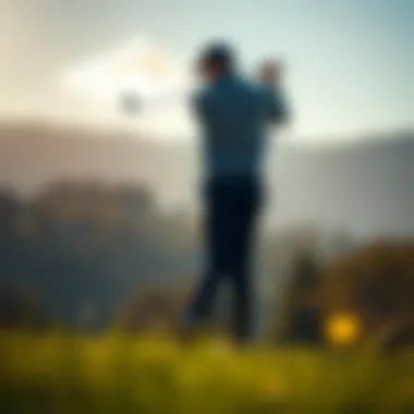 A golfer preparing for a swing in a serene landscape