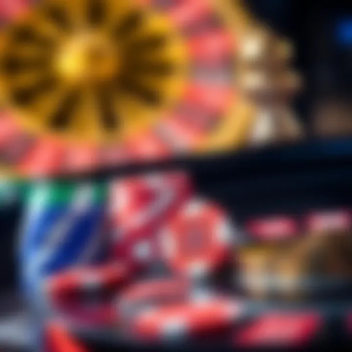 A close-up of colorful gaming chips and a roulette wheel symbolizing chance and strategy
