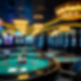A detailed view of a modern casino floor showcasing various gaming tables and slot machines