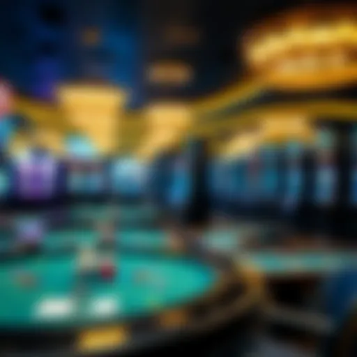 A detailed view of a modern casino floor showcasing various gaming tables and slot machines