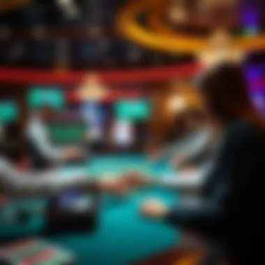 An immersive gaming table with a live dealer engaging players.